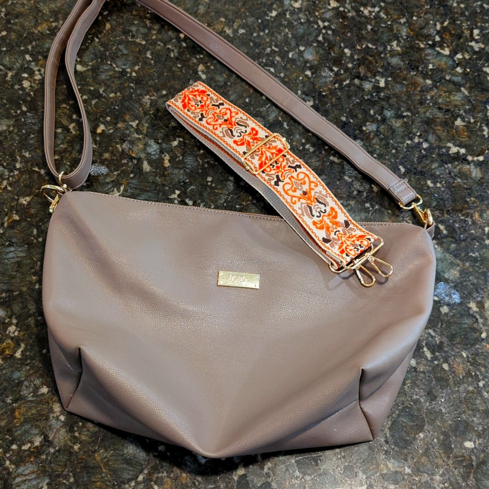 BCBG Hobo Soft Floppy Vegan Leather Crossbody Bag with Extra Strap Taupe